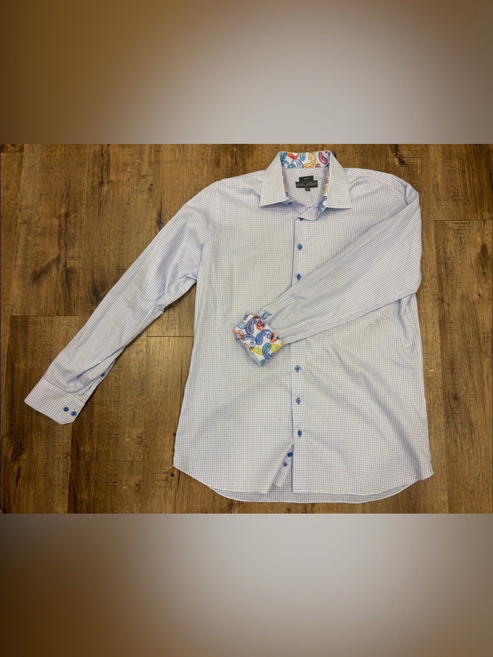 Antonio Valente Men's Light Blue Micro-Check Dress Shirt with Paisley Trim